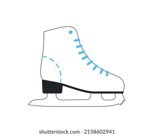 Various Sport equipment. Sticker with beautiful figure skating skate. Shoes with blade for ice skating. Healthy lifestyle or activity. Cartoon flat vector illustration isolated on white background