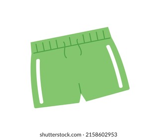 Various Sport equipment. Sticker with green shorts for training in gym or doing exercises. Sportswear for fitness. Healthy lifestyle. Cartoon flat vector illustration isolated on white background