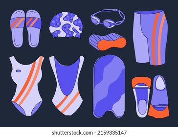 Various Sport equipment. Swimming inventory and  accessories. Rubber slippers and swimming cap , goggles, swimming suits, flippers, board. Healthy lifestyle concept. Hand drawn Vector set