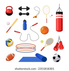 Diversas ilustraciones vectoriales de equipos deportivos. Baloncesto, fútbol, raqueta de tenis, campanas de pata, esteras de yoga, pesas, bolso de caza, silbato, cuerda de salto. Fitness, concepto de actividad física