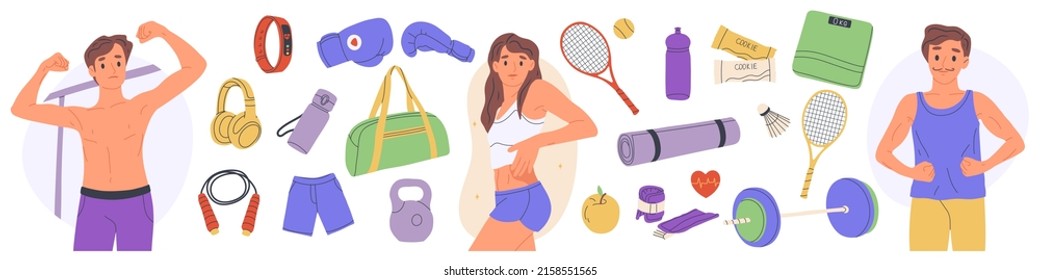 Various sport inventory set. Inventory for fitness ,athletics people, gym accessory. Different sport equipment. Isolated flat vector illustration.