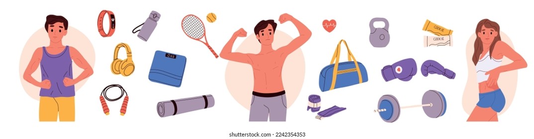 Various sport inventory set. Inventory for fitness ,athletics people, gym accessory. Different sport equipment. Isolated flat vector illustration.