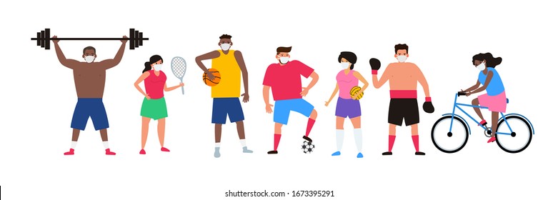 various sport players men and women in protective masks coronavirus covid 19 cancelled championship concept vector illustration