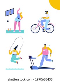 Various sports activities. Bundle of happy training or exercising people isolated on white background. Flat Vector illustration