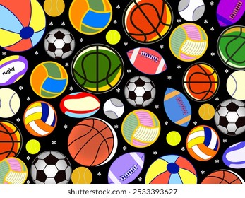 Various sports balls in different color and sizes o black background for card design, clothing pattern