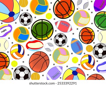 Various sports balls in different colors on white background for card design, clothing pattern