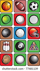 Various sports balls and equipment in square multicolored web buttons