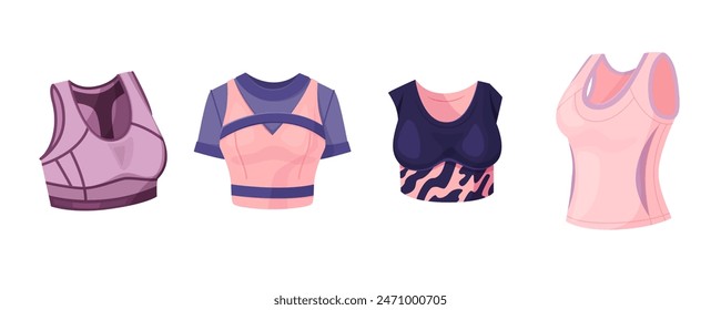 Various sports bras and athletic tops. Colorful vector illustration. Activewear and fitness clothing concept.