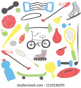 Various sports equipment is drawn on a white background.