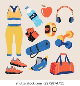 Various sports equipment. Fitness equipment, gym accessories. Dumbbells, fitness tracker, headphones, bottle, shoes, mat, gloves. The concept of a healthy lifestyle. Vector hand drawn set