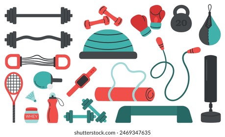 Various sports equipment. Fitness equipment, gym accessories. Dumbbells, fitness bracelet, bottle, jump rope, mat. Healthy lifestyle concept. Vector illustration of a set of sports accessories, icons 