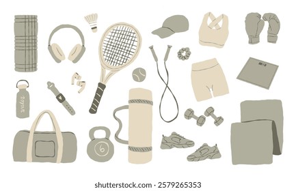 Various sports equipment. Vector hand drawn illustration in neutral colors. All elements are isolated.