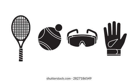 Various sports gear items displayed, including tennis racket, ball, goggles, and glove, representing different athletic activities and sports preparation.