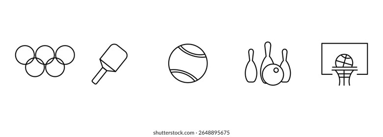 Various sports icon set with minimal line design showing game elements tennis bowling basketball Olympic paddle ball vector illustration.