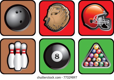 Various sports items in square web buttons