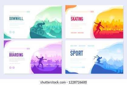 colorful covers with various sports rest day vector brochure cards set. Extreme on nature template of flyear, magazines, poster, books, banners. Active lifestyle invitation concept. Layout modern page