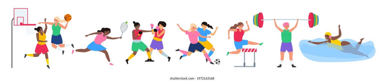 various sports women athletes players sport athletics game competition set vector illustration