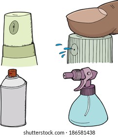 Various spray bottles and spray cans on white background