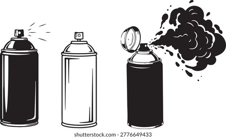 Various spray paint cans showing different states like spraying, open, and closed, ideal for graffiti concepts.