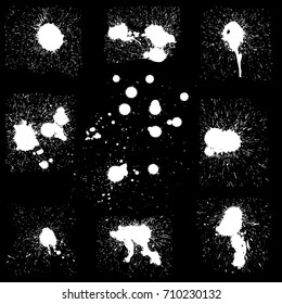 Various Spray paint graffiti decorative splatters. Vector splat set on black background