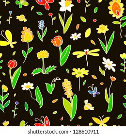 Various spring colorful flowers on black seamless pattern, vector