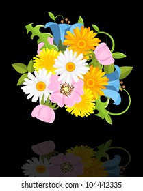 various spring flowers  on black background with reflection - vector illustration