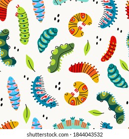 Various spring and summer colorful Caterpillars. Different silhouettes and shapes. Cute funny insects. Pretty colored characters. Hand drawn trendy Vector Seamless Pattern. Background, Wallpaper