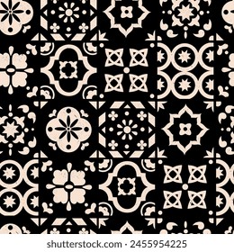 Varias baldosas cuadradas. Diferentes adornos negros. Estilo mediterráneo tradicional. Ilustración vectorial dibujada a mano Baldosas de cerámica. Textura grunge. Cuadrado sin costura Patrón, fondo, Fondo de pantalla