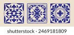 Various square Tiles. Different blue ornaments. Traditional mediterranean style. Hand drawn. Ceramic tiles. Vector illustration isolated on background. 