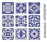 Various square Tiles. Different blue ornaments. Traditional mediterranean style. Hand drawn. Ceramic tiles. Vector illustration isolated on background. 