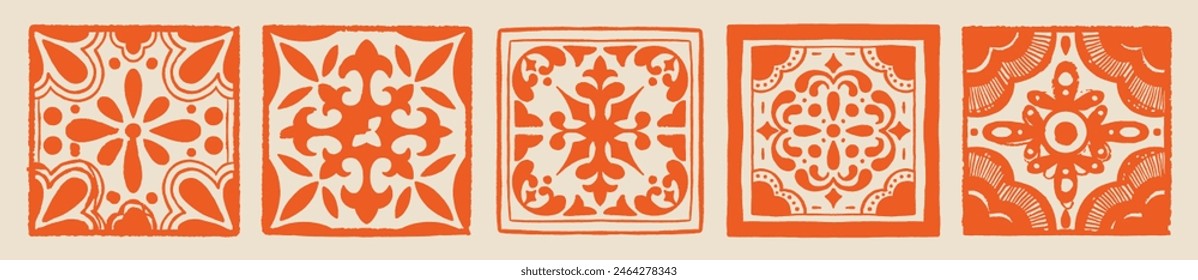 Various square Tiles. Different blue ornaments. Traditional mediterranean style. Hand drawn. Ceramic tiles. Vector illustration isolated on background. 