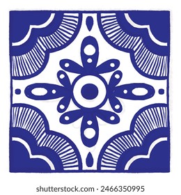 Various square Tiles. Different blue ornaments. Traditional mediterranean style. Hand drawn. Ceramic tiles. Vector illustration isolated on background. 