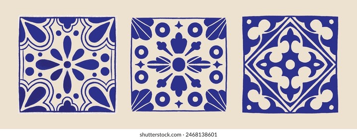 Various square Tiles. Different blue ornaments. Traditional mediterranean style. Hand drawn. Ceramic tiles. Vector illustration isolated on background. 