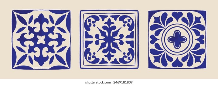 Various square Tiles. Different blue ornaments. Traditional mediterranean style. Hand drawn. Ceramic tiles. Vector illustration isolated on background. 