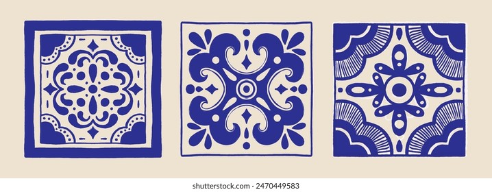Varias baldosas cuadradas. Diferentes adornos azules. Estilo mediterráneo tradicional. Dibujado a mano. Baldosas de cerámica. Ilustración vectorial aislada en el fondo. 