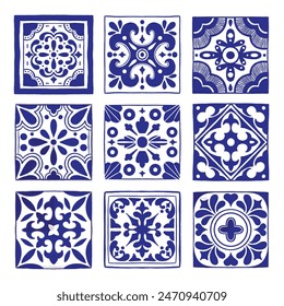 Various square Tiles. Different blue ornaments. Traditional mediterranean style. Hand drawn. Ceramic tiles. Vector illustration isolated on background. 