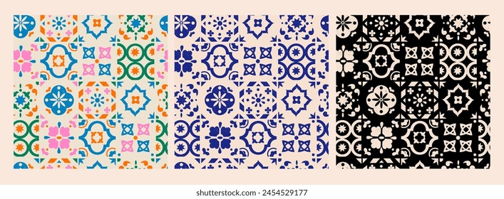 Various square Tiles. Different colorful ornaments. Traditional mediterranean style. Hand drawn Vector illustration. Ceramic tiles. Grunge texture. Set of three Square seamless Patterns