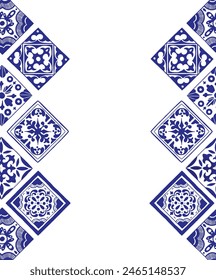 Various square Tiles poster template. Different blue ornaments. Traditional mediterranean style. Hand drawn. Ceramic tiles. Vector illustration isolated on background. 