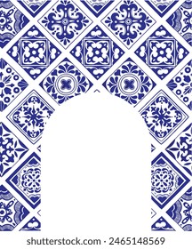 Various square Tiles poster template. Different blue ornaments. Traditional mediterranean style. Hand drawn. Ceramic tiles. Vector illustration isolated on background. 