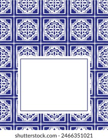 Various square Tiles poster template. Different blue ornaments. Traditional mediterranean style. Hand drawn. Ceramic tiles. Vector illustration isolated on background. 
