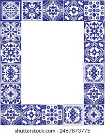 Verschiedene quadratische Fliesen Poster Vorlage. Verschiedene blaue Ornamente. Traditioneller mediterraner Stil. Handgezeichnet. Keramikfliesen. Vektorillustration isoliert auf Hintergrund. 