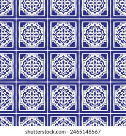 Various square Tiles seamless pattern. Different blue ornaments. Traditional mediterranean style. Hand drawn. Ceramic tiles. Vector illustration isolated on background. 