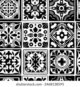 Various square Tiles seamless pattern. Different black ornaments. Traditional mediterranean style. Hand drawn. Ceramic tiles. Vector illustration isolated on background. 