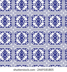Various square Tiles seamless pattern. Different blue ornaments. Traditional mediterranean style. Hand drawn. Ceramic tiles. Vector illustration isolated on background. 