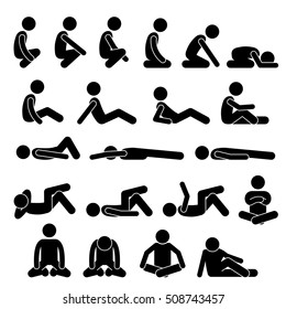 Various Squatting Sitting Lying Down on the Floor Postures Positions Human Man People Stick Figure Stickman Pictogram Icons