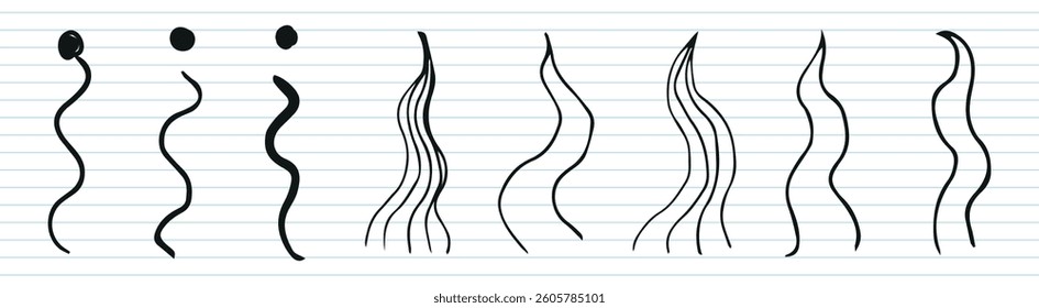 Various squiggly lines on lined paper, showing different styles and thicknesses. The squiggly lines vary in curvature and form, offering diverse visual patterns. Creative elements, vector set.