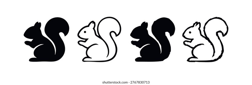 Various squirrel icons in black and white solid and outline styles, depicted holding or eating something.