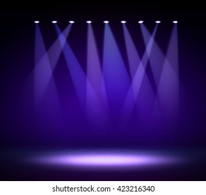 Various stage lights in the dark. Spotlight on stage. Vector