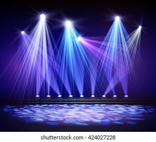 Various stage lights in the dark. Spotlight on stage. Vector