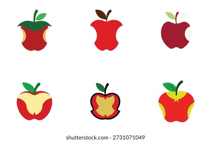 Vários estágios de consumo de maçã Vetor Ilustração Núcleo de fruta mordida Nutrição comestível Snack Alimentos orgânicos Dieta saudável Vitamina